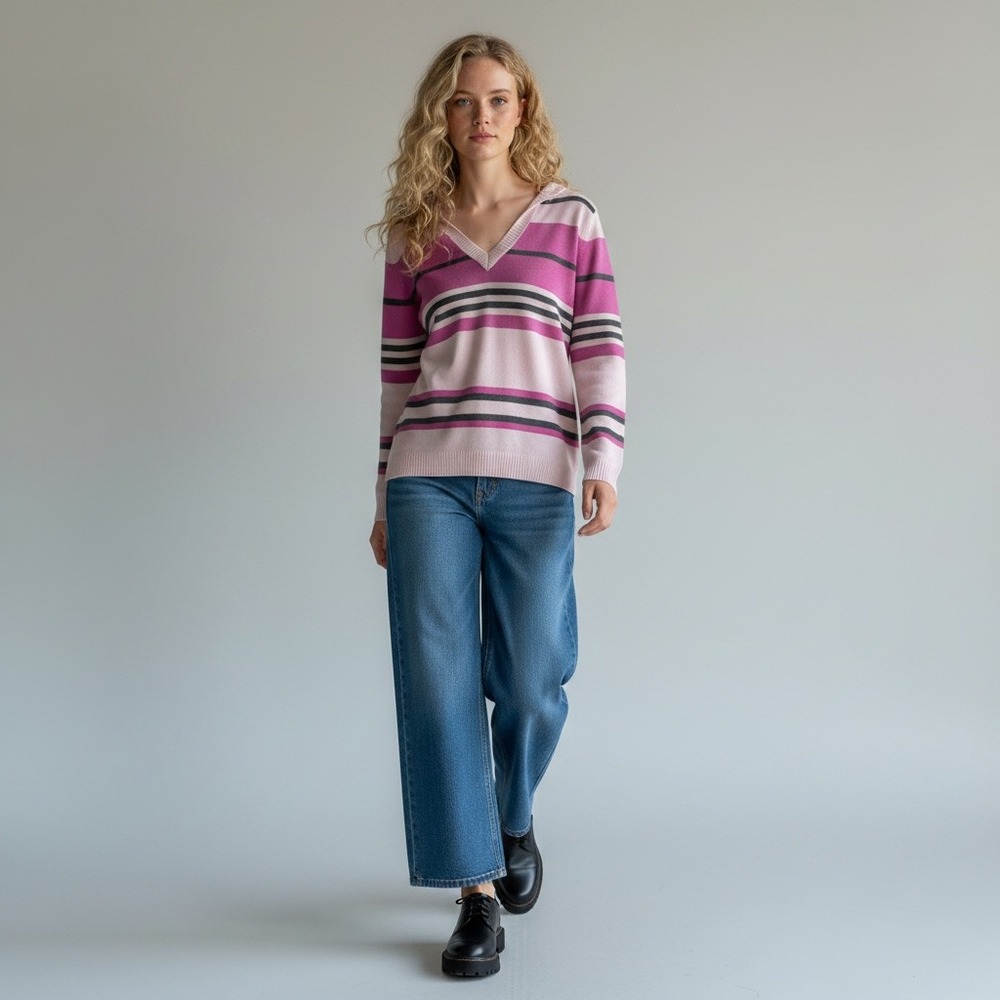 New York & Co New Y2K 90's Striped Hoodie Preppy Knit Sweater Top Womens M Pink
